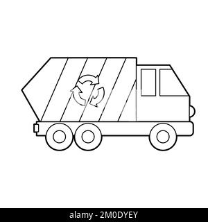 Illustrazione vettoriale di un veicolo per la raccolta rifiuti. Stile icona con contorno nero. Design del logo. Libro da colorare per bambini Illustrazione Vettoriale
