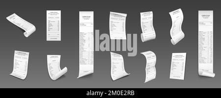 Ricevute cartacee, assegni di acquisto in negozio di alimentari o supermercato. Fatture di pagamento, fatture finanziarie curve e rotolate, isolate in background, set vettoriale realistico Illustrazione Vettoriale