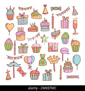 Decorazioni per feste di compleanno. Regali, cupcake, torta di celebrazione Illustrazione Vettoriale