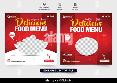 Menu di cibi sani social media modello di post per la promozione ristorante. Speciale menu di sconto web banner design con colori bianco e giallo su re Illustrazione Vettoriale