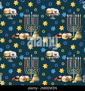 Modello Hanukkah blu con menorah, candele, ciambelle, stelle di Davide. Rappresentazione colorata e realistica in acquerello di simboli ebraici su sfondo scuro Foto Stock