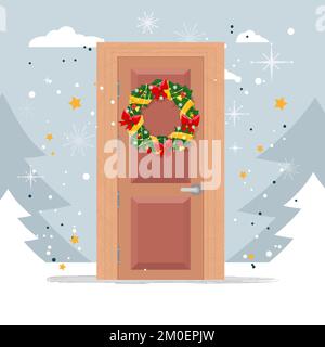 Porta. Tradizionale porta di Natale con wreath di Natale concetto in piano design. Buon Natale e Felice Anno Nuovo. Vacanze invernali. Illustrazione Vettoriale