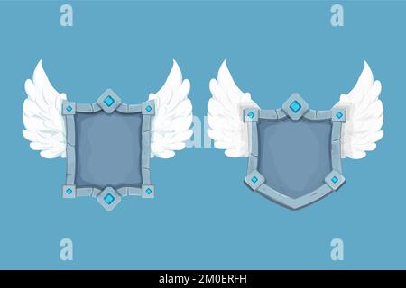 Set Stone Shield, cornice con gemme e ali gioco ricompensa bordo in stile cartone animato isolato sullo sfondo. Magic Royal asset, modello. Illustrazione vettoriale Illustrazione Vettoriale