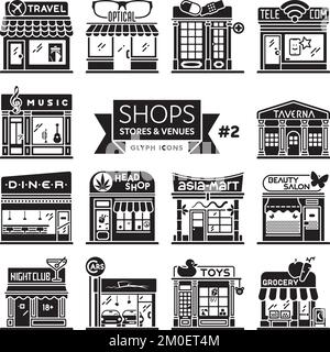 Negozi, negozi e ristoranti, collezione di icone. Set di 14 illustrazioni vettoriali storefront. Concetto di vendita al dettaglio e shopping. Illustrazione Vettoriale