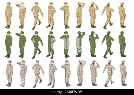 Soldato isometrico in mimetizzazione, uniforme. Soldati con fucili d'assalto isolati su sfondo bianco equipaggio speciale. Concetto militare per esercito Illustrazione Vettoriale