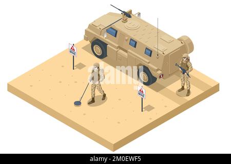 Miniera di soldati isometrici. Attrezzature militari per lo sminamento. Equipaggio speciale. Concetto militare per esercito, soldati e guerra. Fuoristrada militare Illustrazione Vettoriale