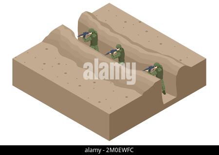 Soldati isometrici nella trincea. Trincee, posizioni di fissaggio. Soldati in guerra. Seduto con l'arma Rifle in un imboscata in trincea. Equipaggio speciale Illustrazione Vettoriale