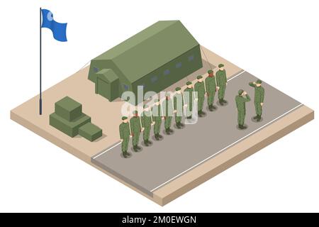 Soldati isometrici in fila al campo. Equipaggio speciale. Concetto militare per esercito, soldati e guerra. Illustrazione Vettoriale