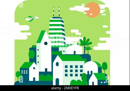 Green città edifici eco paesaggio.Vector Illustration.Flat cute città natale con vista sulla natura. Illustrazione Vettoriale