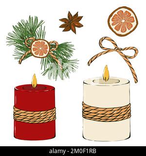 Candela di Natale, decorazioni d'inverno set vintage. Isolato su sfondo bianco. Illustrazione dipinta a mano. Foto Stock