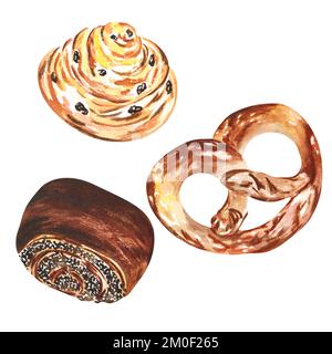 Prodotti da forno acquerelli. Realizzato a mano su sfondo bianco. Raster Foto Stock