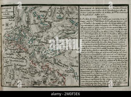 Guerra dei sette anni (1756-1763). Mappa della Battaglia di Vellinghausen (15-16 luglio 1761). Si è giocato sulle rive del fiume Lippe nella Germania nord-occidentale. Si confrontò con l'esercito alleato prussiano-anoveriano-britannico guidato dal principe Ferdinando di Brunswick contro l'esercito francese sotto il comando del duca di Broglie e del principe Soubise. La forza francese ha dovuto ritirarsi. Pubblicato nel 1765 dal cartografo Jean de Beaurain (1696-1771) come illustrazione della sua Grande carta della Germania, con gli eventi che si sono verificati durante la Guerra dei sette anni. Esercito alleato in rosso e esercito francese in blu. Incisione e. Foto Stock