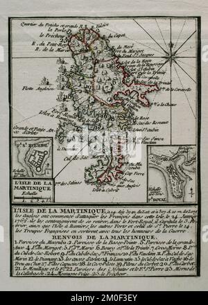 Martinica, 1762. Isola catturata dagli inglesi dai francesi durante la Guerra dei sette anni (1756-1763), rimanendo in loro possesso dal 1762 al 1763. Gli inglesi iniziarono ad attaccare i francesi sull'isola il 24 gennaio 1762, costringendoli a ritirarsi nella capitale, Fort-Royal. I francesi capitolarono il 3 febbraio. Il 12 febbraio l'intera isola era sotto il controllo britannico. Mappa pubblicata nel 1765 dal cartografo Jean de Beaurain (1696-1771) come illustrazione della sua Grande carta della Germania, con gli eventi che si sono verificati durante la Guerra dei sette anni. Esercito alleato in rosso e l'esercito francese in bl Foto Stock