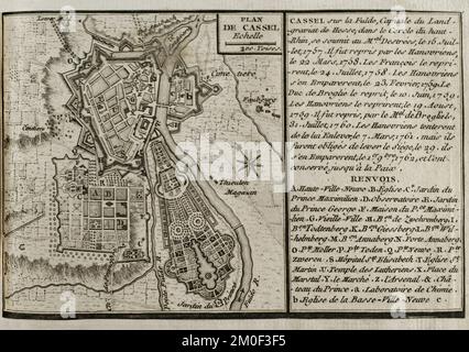 Guerra dei sette anni (1756-1763). Mappa di Cassel, 1757-1762. La città fu assediata tra ottobre e novembre 1762 da una forza alleata di truppe anoveriane, essiane e britanniche sotto il comando del Duca di Brunswick, infine sottraendola ai francesi. Pubblicato nel 1765 dal cartografo Jean de Beaurain (1696-1771) come illustrazione della sua Grande carta della Germania, con gli eventi che si sono verificati durante la Guerra dei sette anni. Incisione. Edizione francese, 1765. Biblioteca storica militare di Barcellona (Biblioteca Histórico Militar de Barcelona). Catalogna. Spagna. Foto Stock