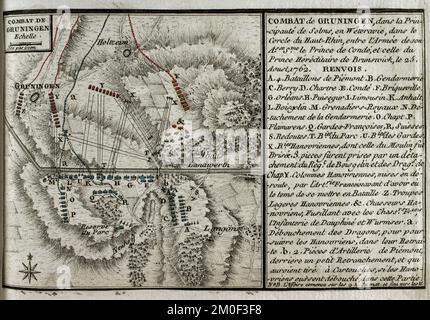 Guerra dei sette anni (1756-1763). Combattimento di Grüningen (25 agosto 1762). Mappa orientata a sud-est della zona tra Grüningen, Holzheim e Langgöns nel principato di Solms. Mappa che mostra le posizioni delle truppe alleate comandate dal principe ereditario Ferdinando di Brunswick (rosso) e dai francesi guidati da Luigi Giuseppe principe di Condé (1736-1818 (blu). Questa azione è stata vinta dall'esercito alleato. Pubblicato nel 1765 dal cartografo Jean de Beaurain (1696-1771) come illustrazione della sua Grande carta della Germania, con gli eventi che si sono verificati durante la Guerra dei sette anni. Incisione e incisione Foto Stock