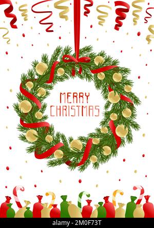 Biglietto di auguri natalizio con corona di abete, nastri e caramelle. Illustrazione vettoriale. Illustrazione Vettoriale