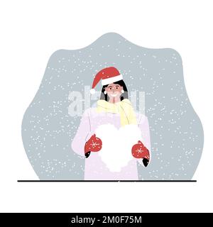 Biglietto di auguri di San Valentino Vector Design. Donna in cappelli di Babbo Natale tiene il cuore di neve nelle loro mani sotto nevicate. Illustrazione Vettoriale