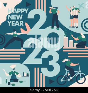 Felice anno nuovo 2023. 2023 illustrazione del concetto obiettivi e risoluzioni. le persone più piccole che si divertono con i loro obiettivi nel 2023. Illustrazione Vettoriale