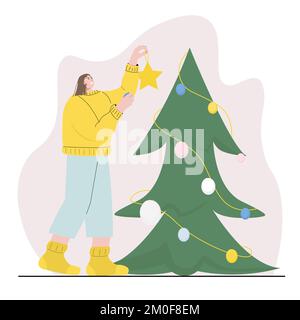 Una donna si sta preparando per il nuovo anno, decorando un albero di Natale per la vacanza, appesi giocattoli di Natale. Illustrazione vettoriale Illustrazione Vettoriale