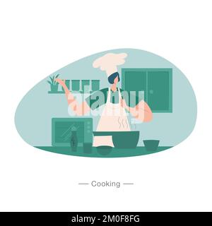 donna che cucina in cucina piano vettoriale illustrazione Illustrazione Vettoriale