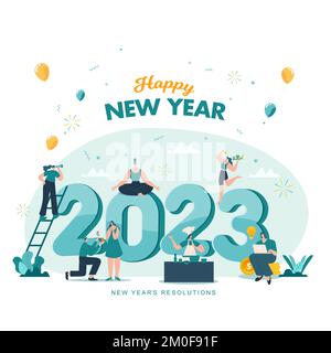 Felice anno nuovo 2023. 2023 illustrazione del concetto obiettivi e risoluzioni. le persone più piccole che si divertono con i loro obiettivi nel 2023. Illustrazione Vettoriale