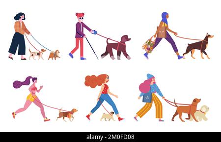 Donne moderne che camminano con i cani su Leashes Illustrazione Vettoriale