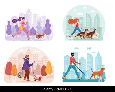 Città uomini e donne che camminano con i cani Illustrazione Vettoriale