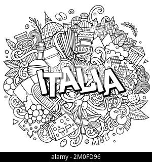 Italia disegno a mano cartoni animati Doodles illustrazione. Divertente design da viaggio. Illustrazione Vettoriale