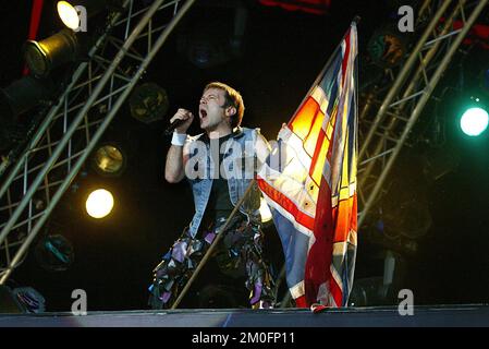 Bruce Dickinson, cantante solista con gli Iron Maiden al Roskilde Festival 2003. Foto Stock