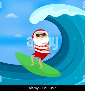 Babbo Natale è surf. Illustrazione vettoriale. Illustrazione Vettoriale