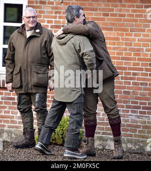 Il principe ereditario Frederik ha ospitato una Royal Hunt a Guldsted Plantage vicino a Silkeborg il 1 novembre 2018. Jutland. La Royal Hunt è una tradizione in cui persone selezionate dal mondo del genere e degli affari sono invitate a cacciare i boschi reali insieme a un membro della famiglia reale. Il defunto Principe Henrik in precedenza guidava la Royal Hunts, ma fu preso in consegna da suo figlio quando la sua salute iniziò a fallire. Foto Stock