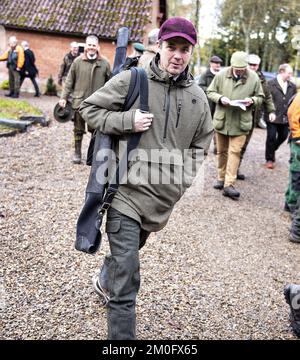 Il principe ereditario Frederik ha ospitato una Royal Hunt a Guldsted Plantage vicino a Silkeborg il 1 novembre 2018. Jutland. La Royal Hunt è una tradizione in cui persone selezionate dal mondo del genere e degli affari sono invitate a cacciare i boschi reali insieme a un membro della famiglia reale. Il defunto Principe Henrik in precedenza guidava la Royal Hunts, ma fu preso in consegna da suo figlio quando la sua salute iniziò a fallire. Foto Stock