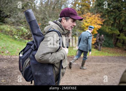 Il principe ereditario Frederik ha ospitato una Royal Hunt a Guldsted Plantage vicino a Silkeborg il 1 novembre 2018. Jutland. La Royal Hunt è una tradizione in cui persone selezionate dal mondo del genere e degli affari sono invitate a cacciare i boschi reali insieme a un membro della famiglia reale. Il defunto Principe Henrik in precedenza guidava la Royal Hunts, ma fu preso in consegna da suo figlio quando la sua salute iniziò a fallire. Foto Stock