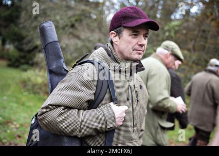 Il principe ereditario Frederik ha ospitato una Royal Hunt a Guldsted Plantage vicino a Silkeborg il 1 novembre 2018. Jutland. La Royal Hunt è una tradizione in cui persone selezionate dal mondo del genere e degli affari sono invitate a cacciare i boschi reali insieme a un membro della famiglia reale. Il defunto Principe Henrik in precedenza guidava la Royal Hunts, ma fu preso in consegna da suo figlio quando la sua salute iniziò a fallire. Foto Stock