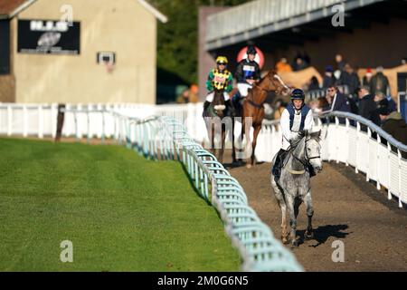 Jockey Daryl Jacob con cavallo Hippop Des Ongrais dopo aver vinto il at the Races App Market Movers handicap Chase al Fontwell Park Racecourse. Data immagine: Martedì 6 dicembre 2022. Foto Stock