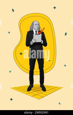 Foto creativa 3D collage illustrazione poster immagine di uomo ricco monitor dollaro tasso di cambio isolato su sfondo pittura Foto Stock