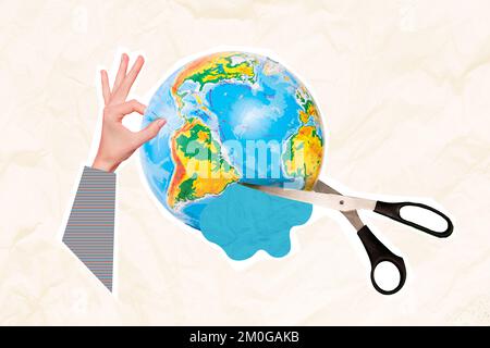 Collage banner del pianeta terra 3D concetto ecologico problema forbici taglio sfera globale catastrofe stop utilizzare risorse isolate su sfondo bianco Foto Stock