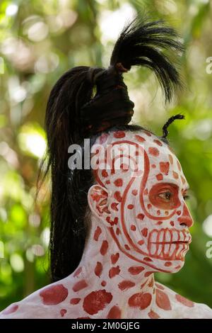 Messico, Yucatan, Xcaret è un parco archeologico situato nella Riviera Maya. Ritratto di Ah Puch/Kisin (morte Foto Stock