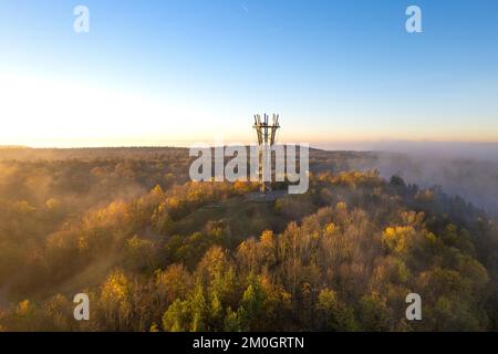 Schönbuchturm nella nebbia all'alba, Herrenberg, Germania, Europa Foto Stock