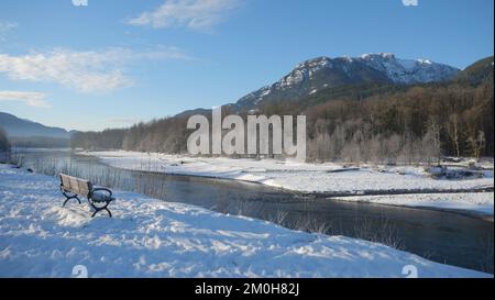 Paesaggio invernale della diga Eagle Run a Brackendale, Squamish, British Columbia, Canada Foto Stock