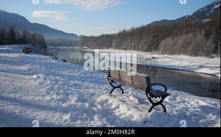 Paesaggio invernale della diga Eagle Run a Brackendale, Squamish, British Columbia, Canada Foto Stock