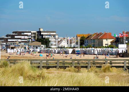 Francia, Calvados, Cote de Nacre (perla costa), Courseulles sur Mer, la spiaggia con cabine Foto Stock