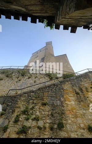 Francia, Lot, Quercy, Saint-Cirq-Lapopie, etichettato uno dei più bei villaggi in Francia, la chiesa Foto Stock