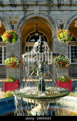 Francia, Orne, villaggio di Domfront, fontana di fronte al municipio Foto Stock