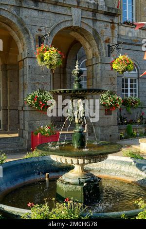 Francia, Orne, villaggio di Domfront, fontana di fronte al municipio Foto Stock