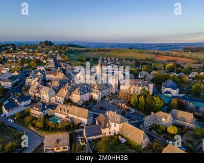 Francia, Cantal, Montsalvy, etichettato Petites CITES de Caractere, Chataigneraie cantalienne (vista aerea) Foto Stock