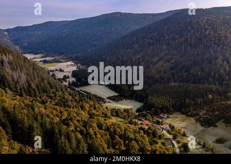 Francia, Vosgi, le Valtin, villaggio nella valle superiore del Meurthe con il gelo mattina (vista aerea) Foto Stock
