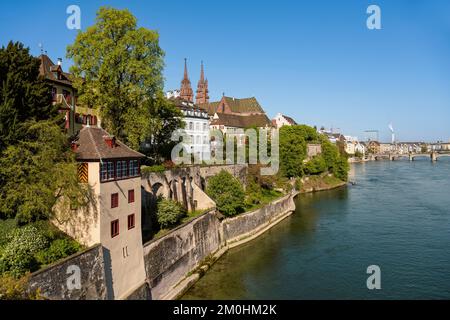 Svizzera, Basilea, la riva sinistra del Reno, il Minster o Cattedrale protestante di nostra Signora di Basilea (Munster) che domina il Reno Foto Stock
