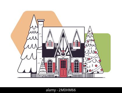 casa decorata neve stagione invernale casa edificio con decorazioni per l'anno nuovo e festa di natale Illustrazione Vettoriale