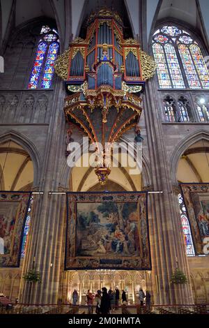 Francia, Bas Rhin, Strasburgo, città vecchia dichiarata Patrimonio Mondiale dall'UNESCO, Cattedrale di Notre Dame, il grande organo e le scene della vita della Vergine fatte su richiesta di Richelieu sono una serie di quattordici arazzi appesi nella navata durante il periodo dell'Avvento Foto Stock